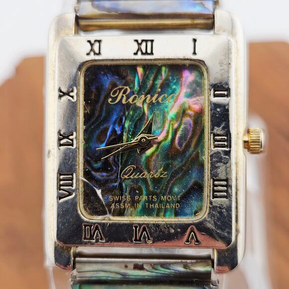 Ronica Gold Tone Rectangle Abalone Shell Face Roman Numeral Artsy Maximalist - Picture 2 of 8